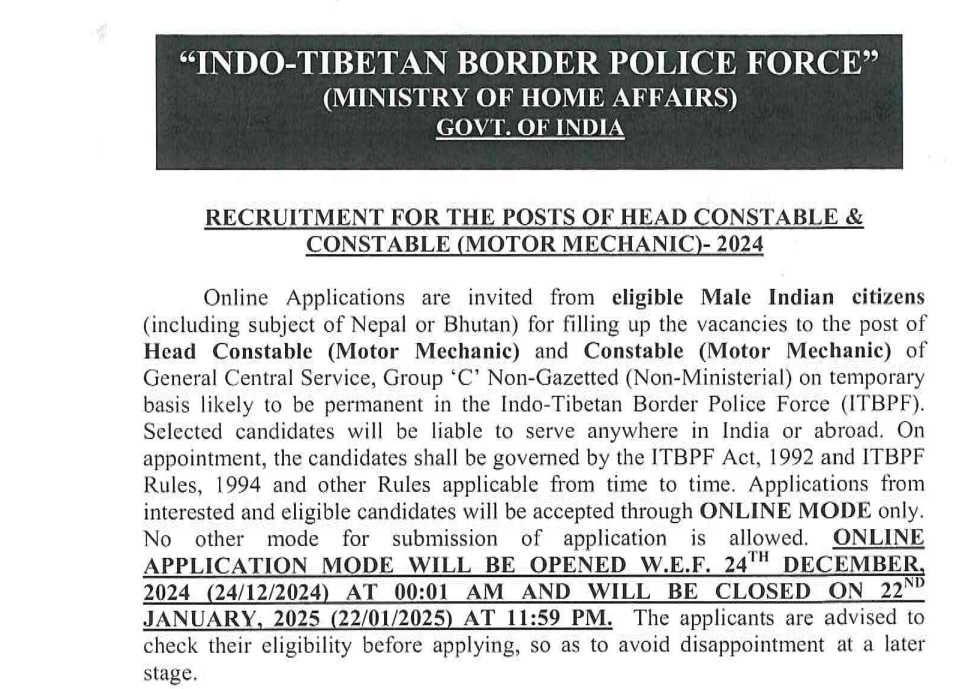 itbp recruitment 2024 notification